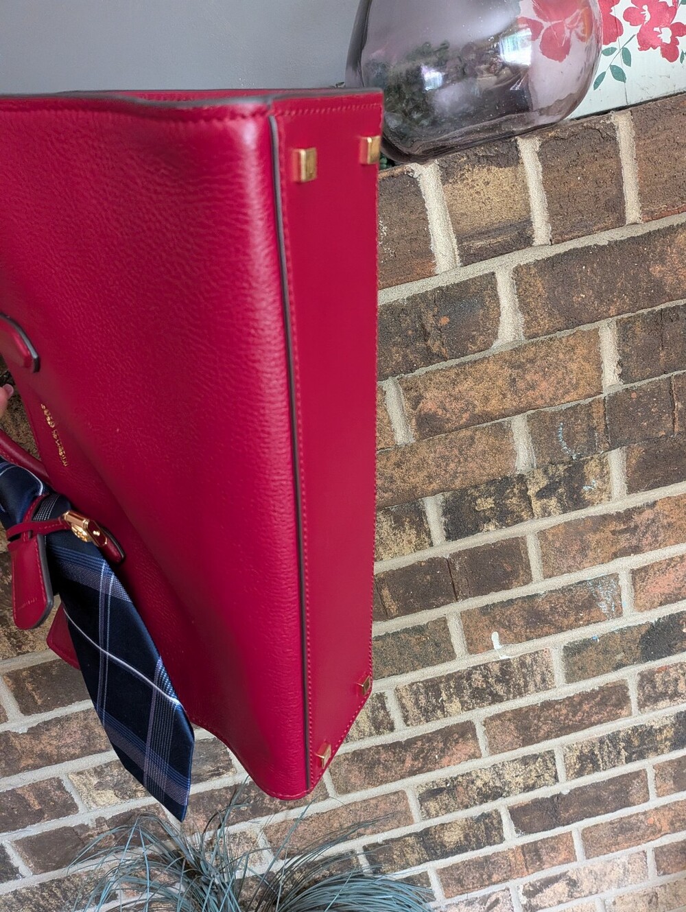 Michael Kors deep Cherry Red Leather Tote with Navy Scarf Accent - Picture 5 of 10